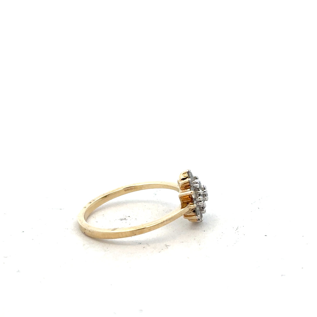 9ct yellow gold diamond ring in size R with sparkling diamonds, showcasing a classic design and polished finish.