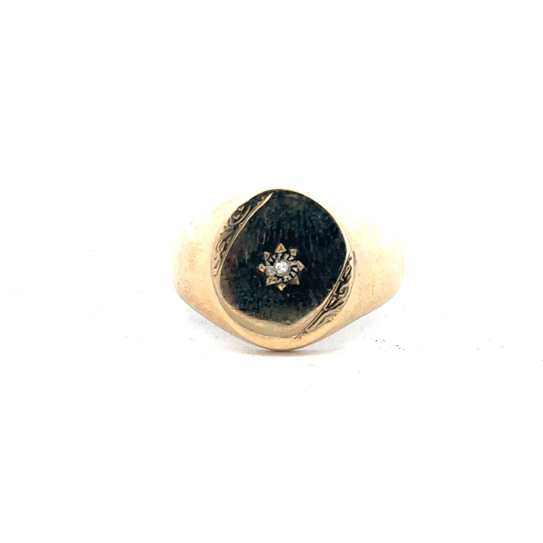 9ct yellow gold diamond signet ring in size U, featuring a polished surface and detailed design, unbranded jewelry accessory.