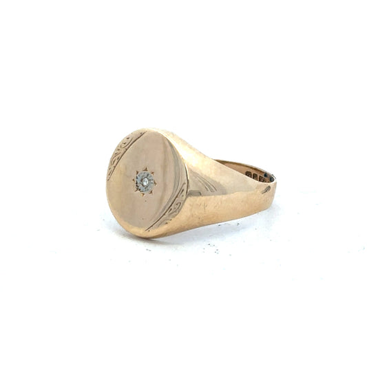 9ct yellow gold diamond signet ring in size U with engraved design, unbranded jewelry piece, detailed close-up image.
