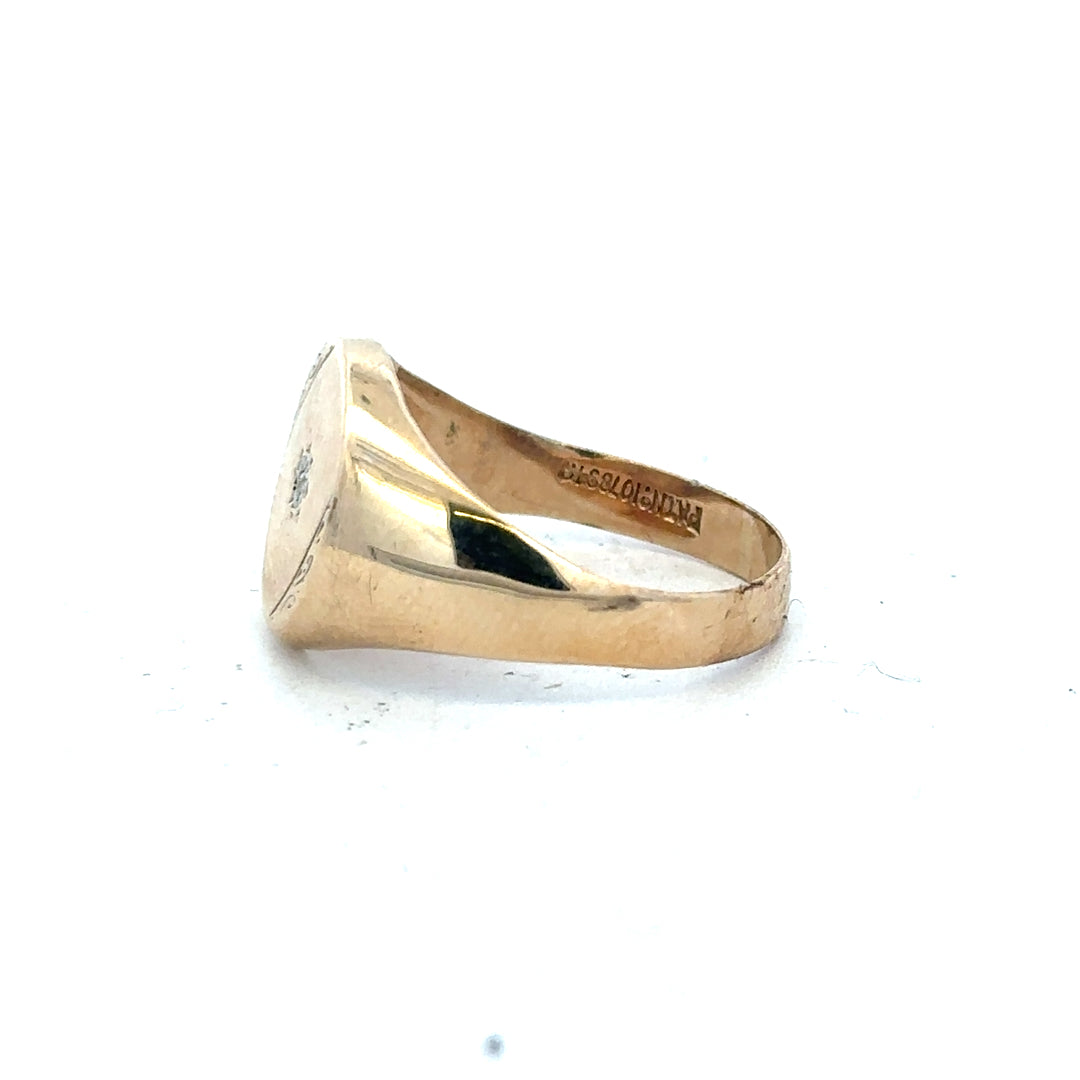 9ct yellow gold diamond signet ring in size U, featuring a polished surface and subtle diamond accents, unbranded jewelry accessory.