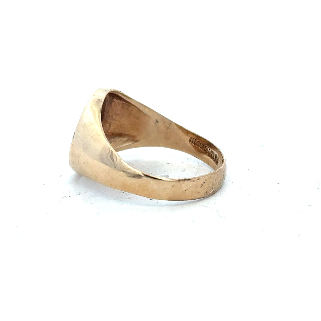 9ct yellow gold diamond signet ring in size U, featuring a polished gold band and a decorative diamond-embellished top.
