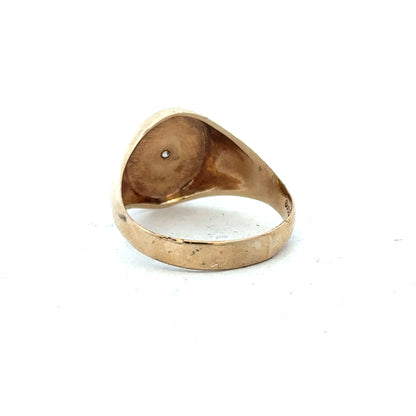9ct yellow gold diamond signet ring in size U, featuring a polished gold band with a diamond accent, unbranded jewelry.