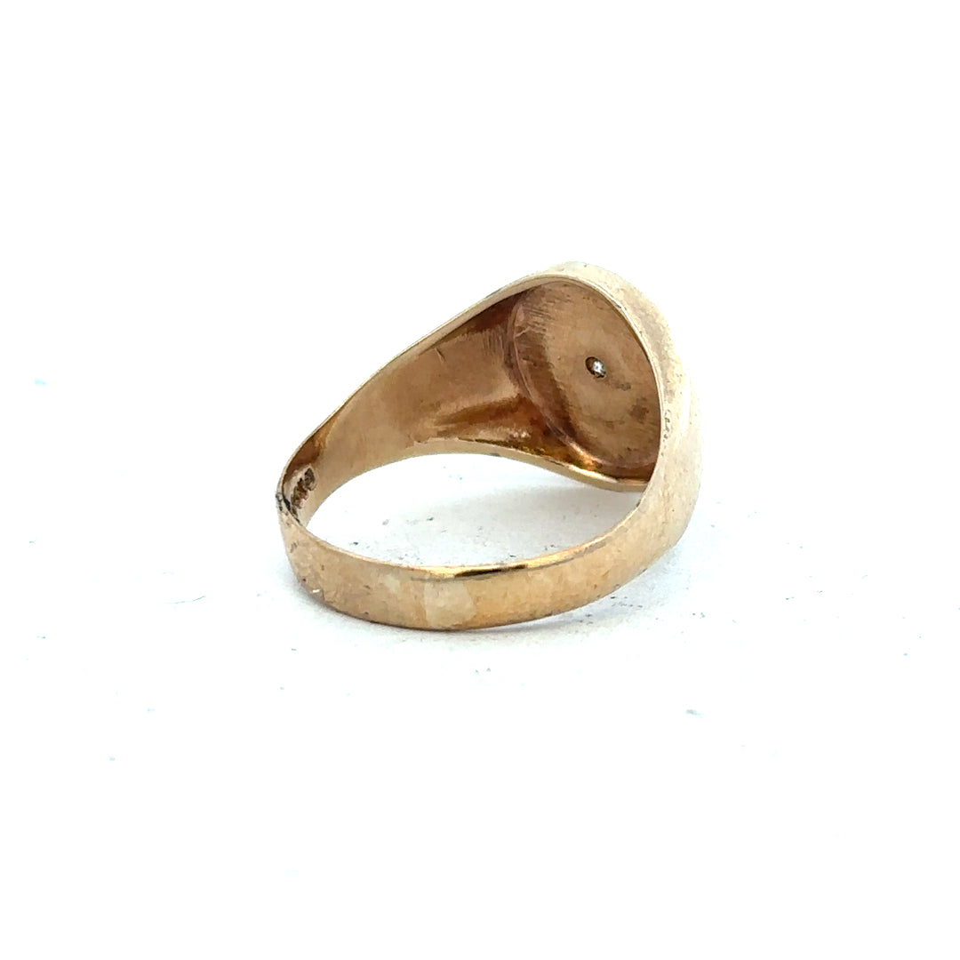 9ct yellow gold diamond signet ring in size U, featuring a polished gold band and engraved design, unbranded jewelry piece.