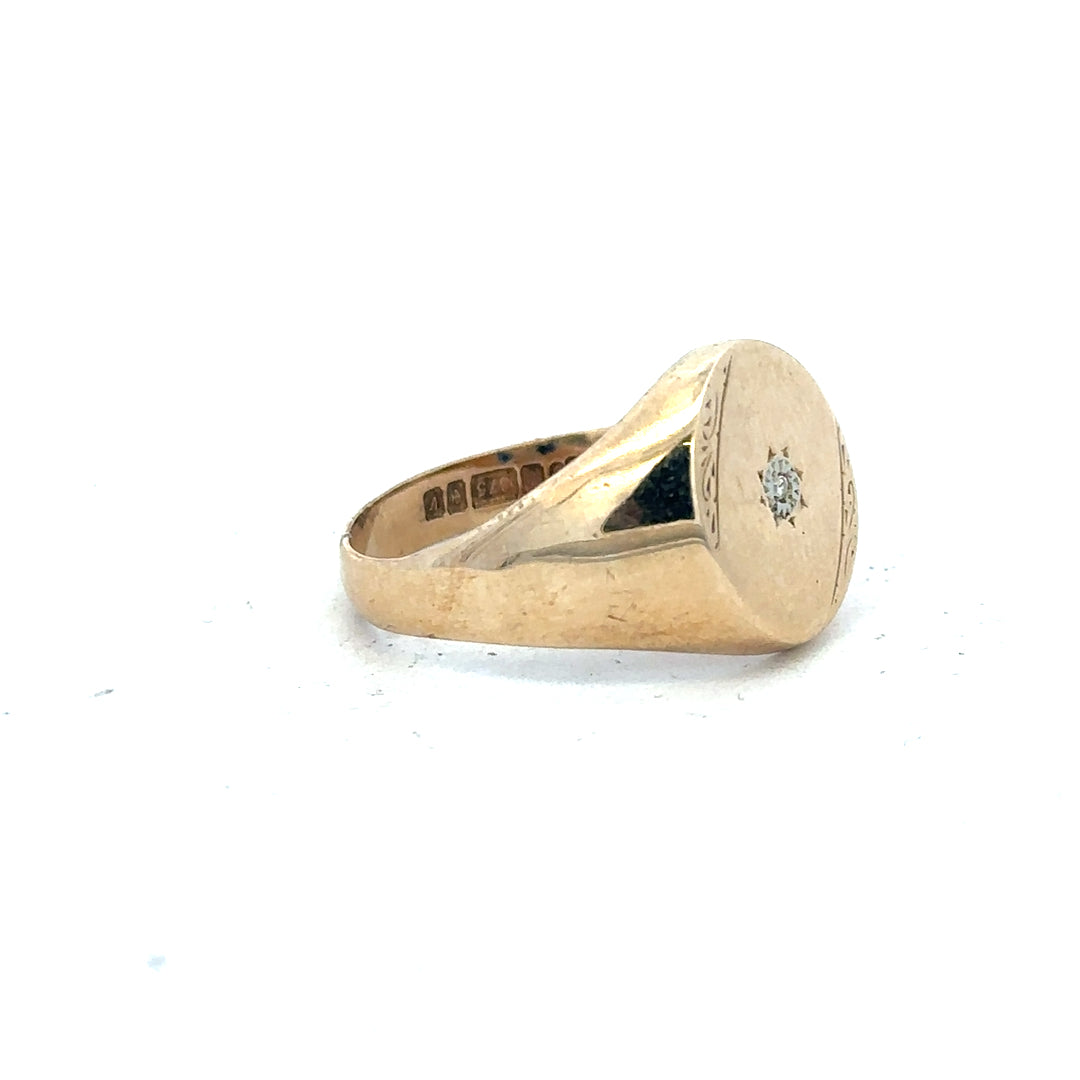 9ct yellow gold diamond signet ring in size U, featuring a polished band and engraved design, unbranded jewelry piece