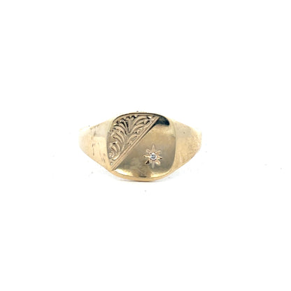 9ct yellow gold diamond signet ring in size Y, featuring a polished surface and elegant design, unbranded jewelry accessory.