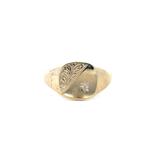 9ct yellow gold diamond signet ring in size Y, featuring a polished surface and elegant design, unbranded jewelry accessory.