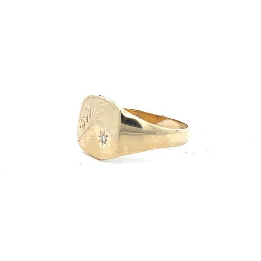 9ct yellow gold diamond signet ring in size Y, featuring a polished gold band with a diamond accent, unbranded jewelry.