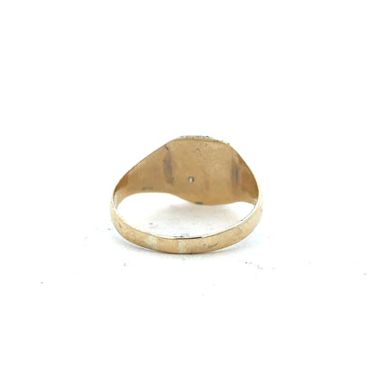 9ct yellow gold diamond signet ring in size Y, featuring a polished surface and embedded diamond detail.