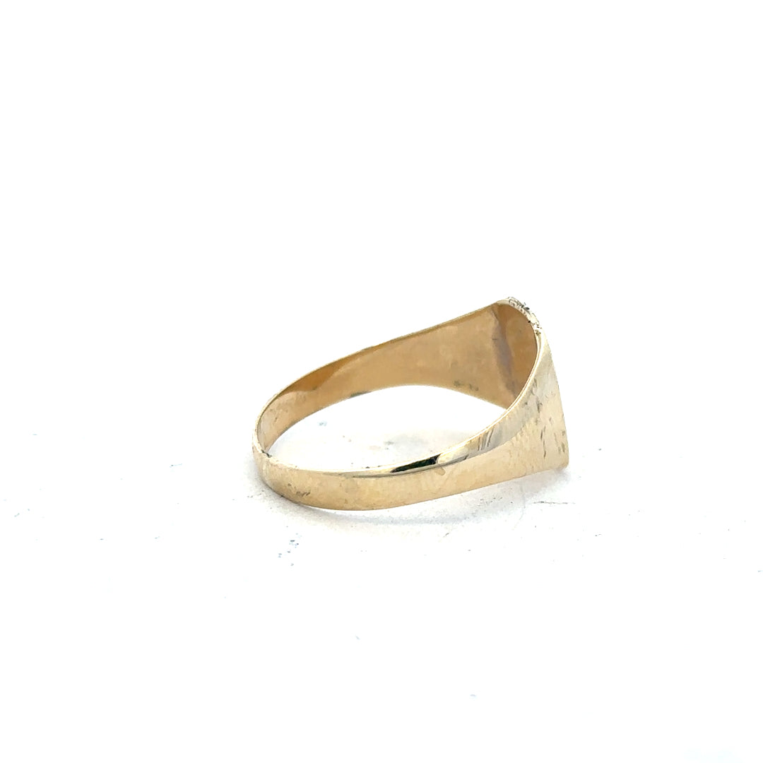 9ct yellow gold diamond signet ring in size Y, featuring a polished surface and a central diamond accent.