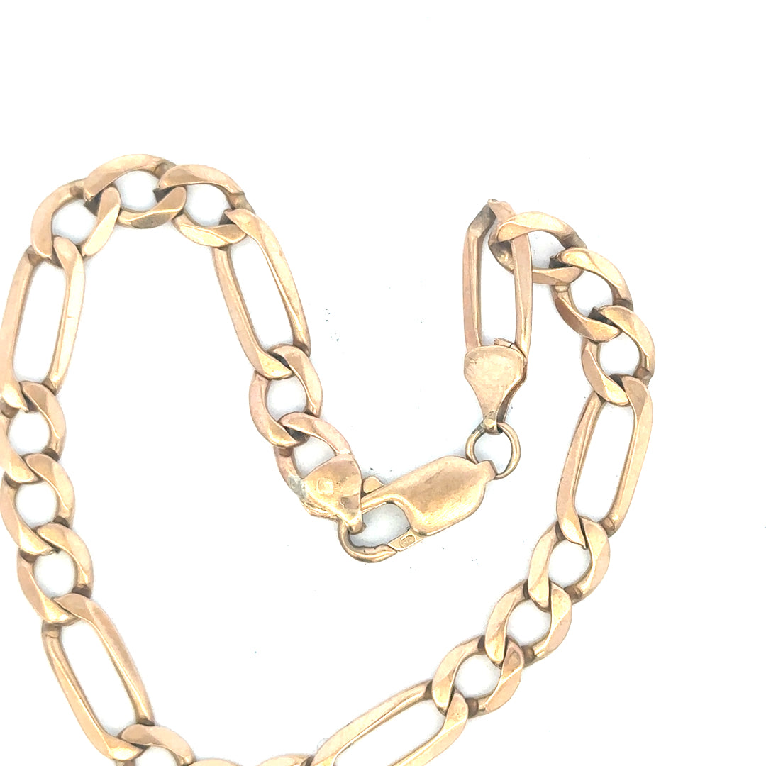 9ct yellow gold Figaro bracelet weighing 11.9g, featuring linked chain design and polished finish.