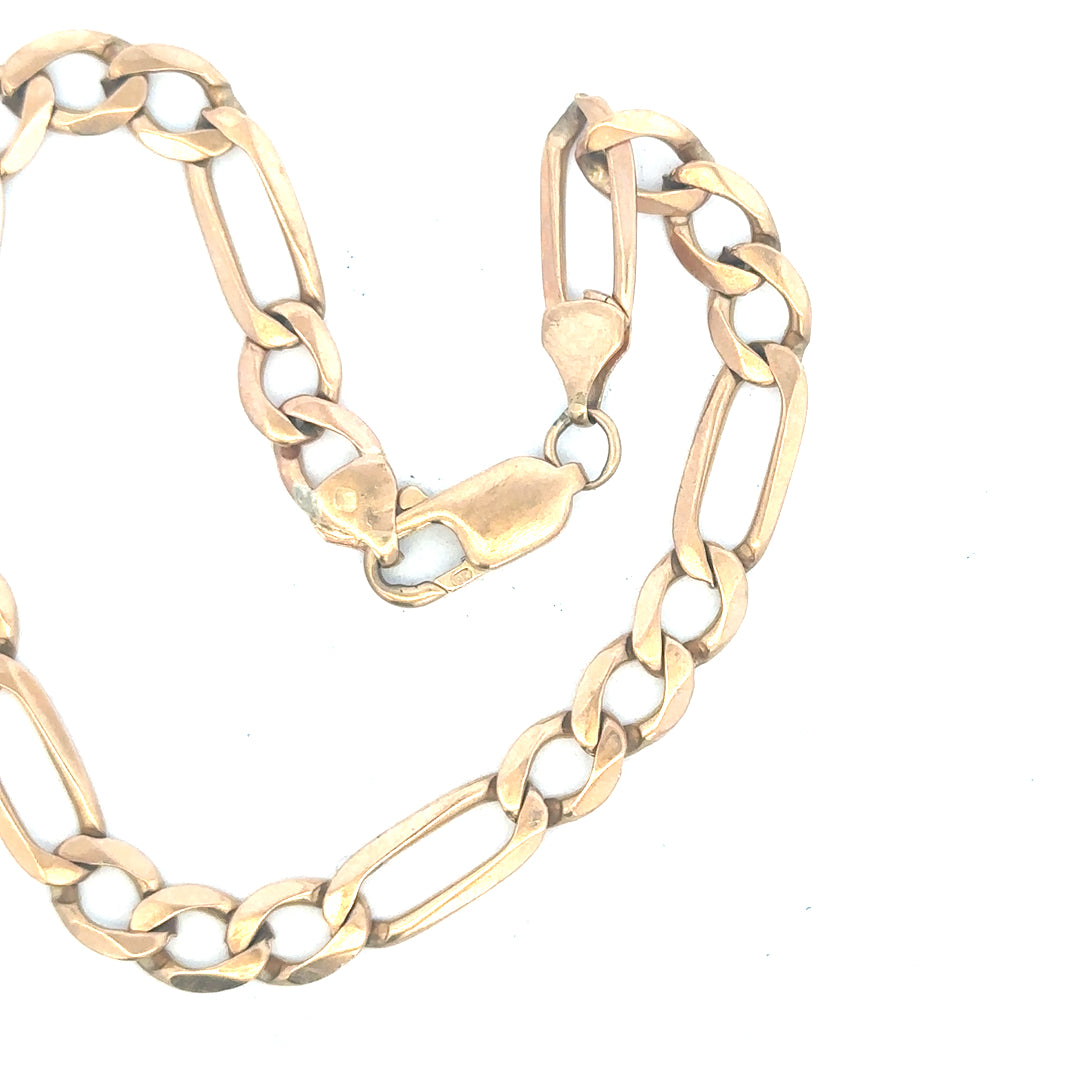 9ct yellow gold Figaro bracelet weighing 11.9g, showcasing linked chain design and polished finish.