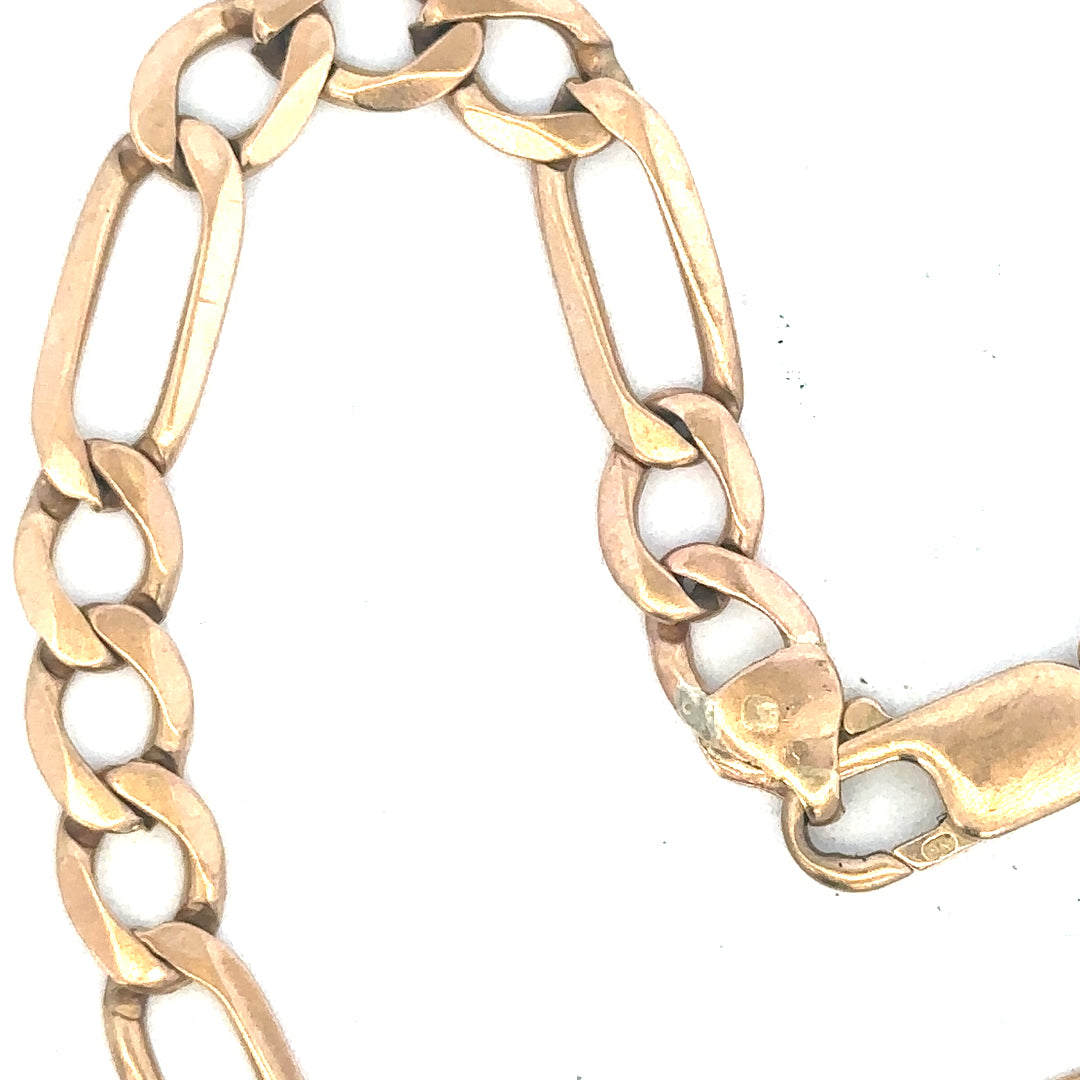 9ct yellow gold Figaro bracelet weighing 11.9g with intricate linked chain design, unbranded, shown in close-up.