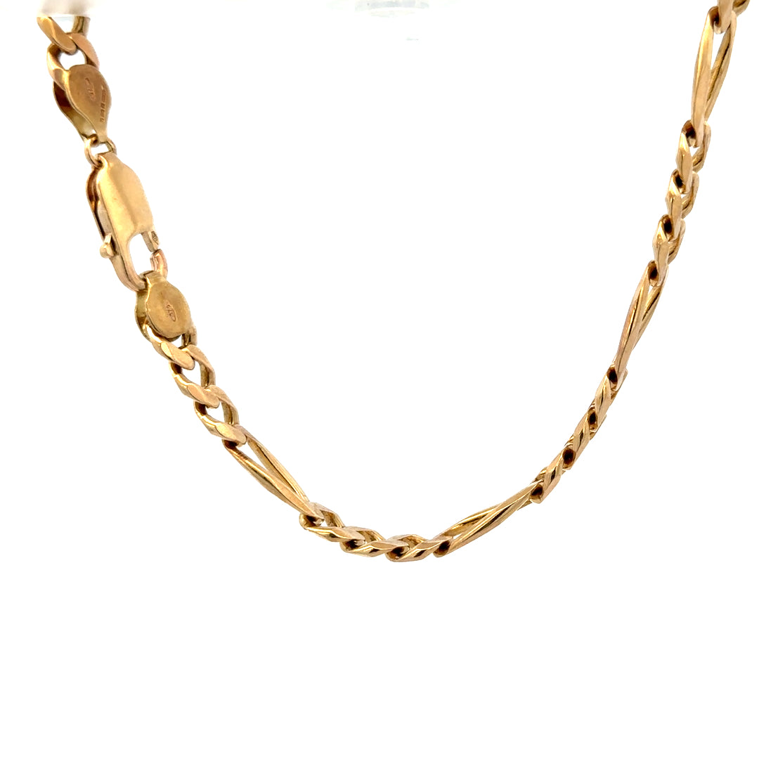 9ct yellow gold figaro bracelet with a 13.8g weight, featuring classic interconnected links, unbranded jewelry accessory.
