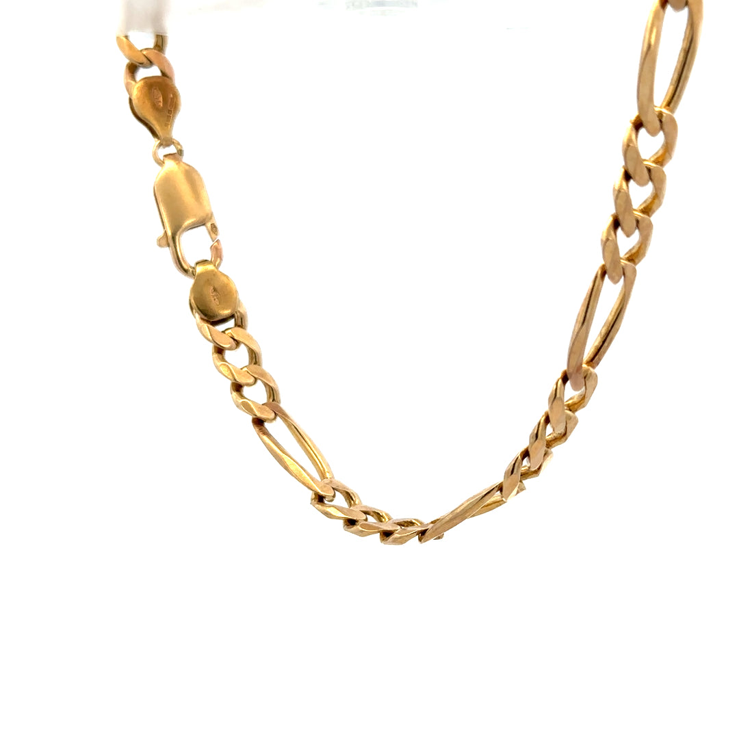 9ct yellow gold Figaro bracelet with 13.8g weight, featuring classic linked chain design, unbranded jewelry accessory.