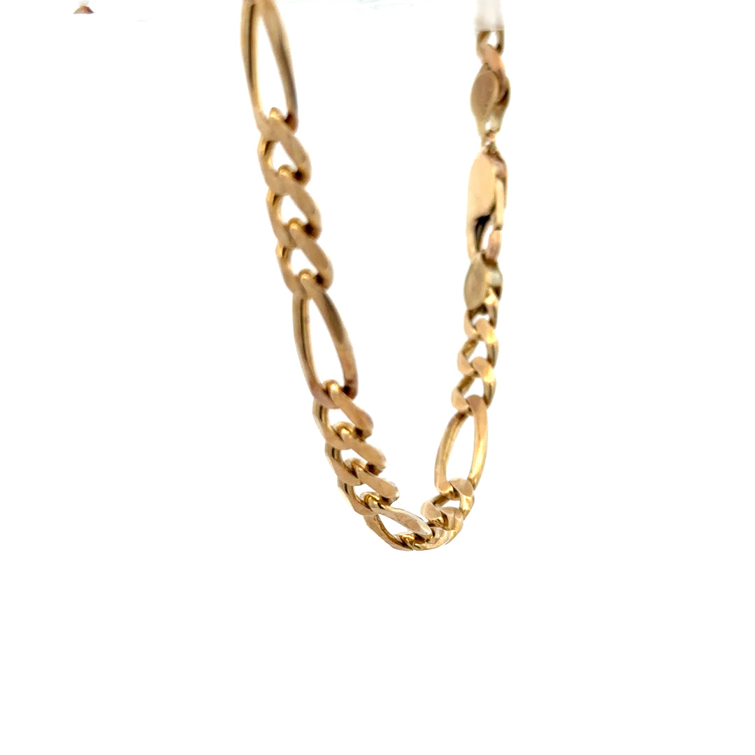 9ct yellow gold Figaro bracelet with 13.8g weight, featuring interlinked chain design, unbranded jewelry accessory.