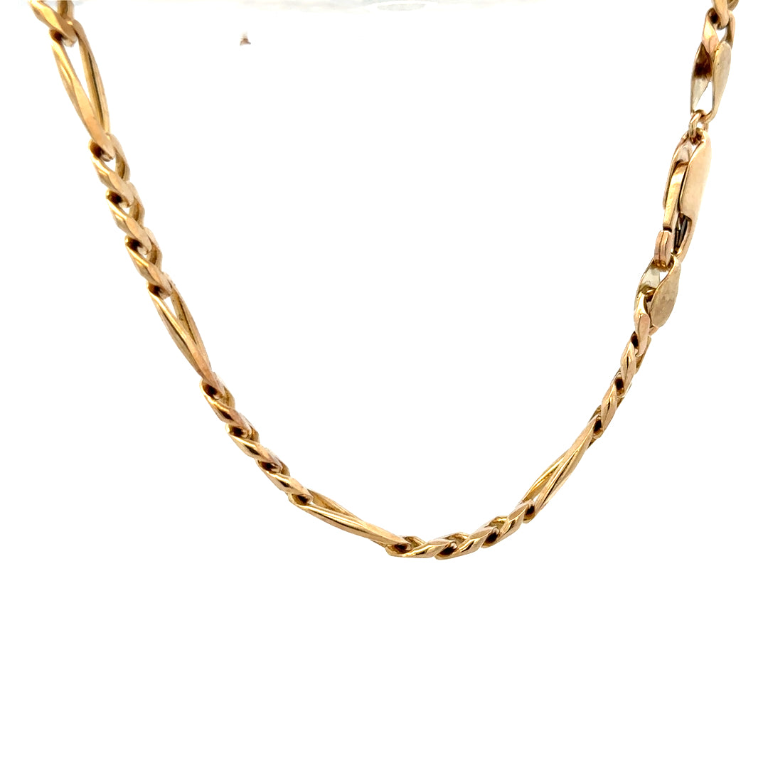 9ct yellow gold figaro bracelet with a link chain, weighing 13.8g, featuring a polished finish and secure clasp.