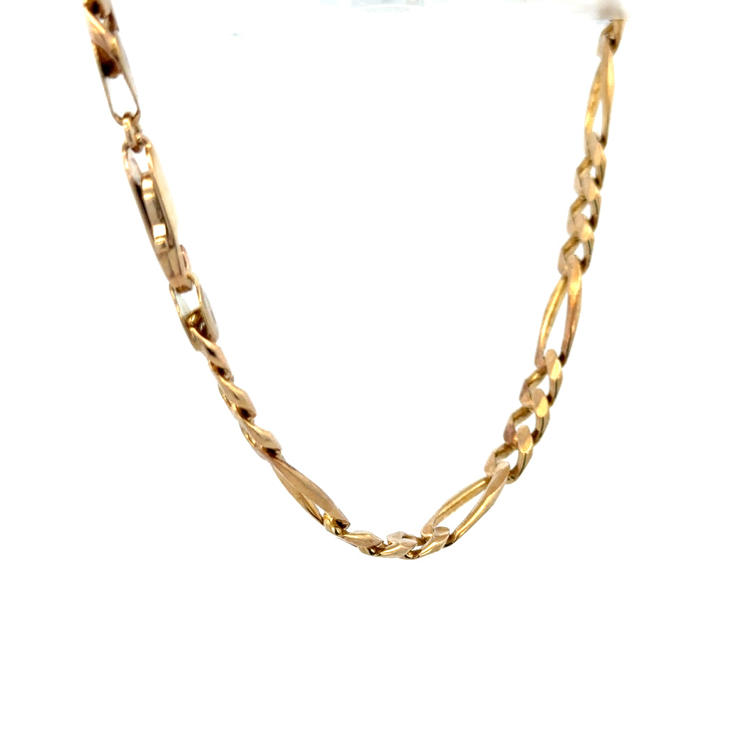 9ct yellow gold Figaro bracelet with a polished finish, weighing 13.8g, featuring a classic chain link design.