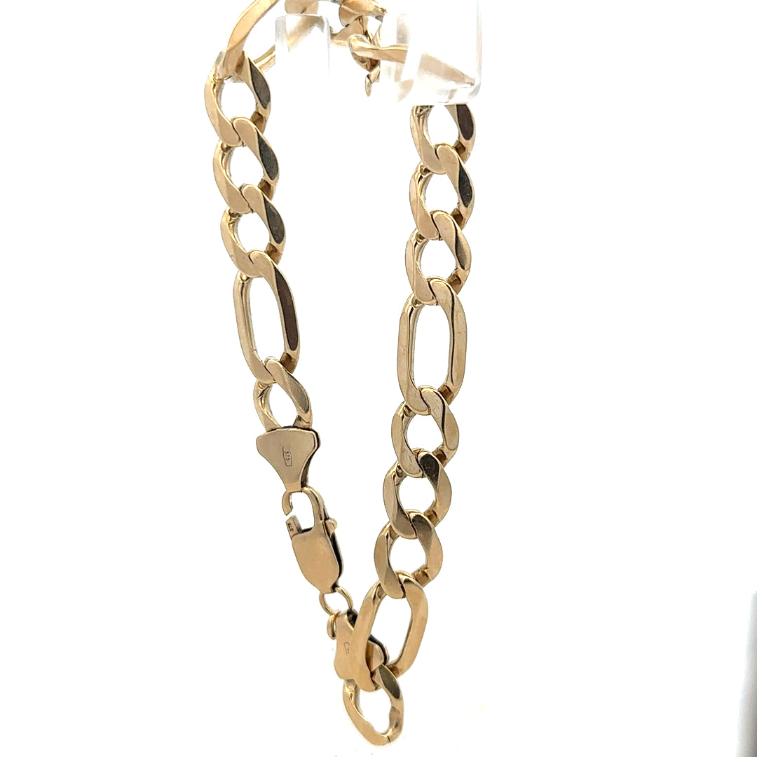 9ct yellow gold figaro bracelet weighing 20.1g, showcasing linked chain design and polished finish.