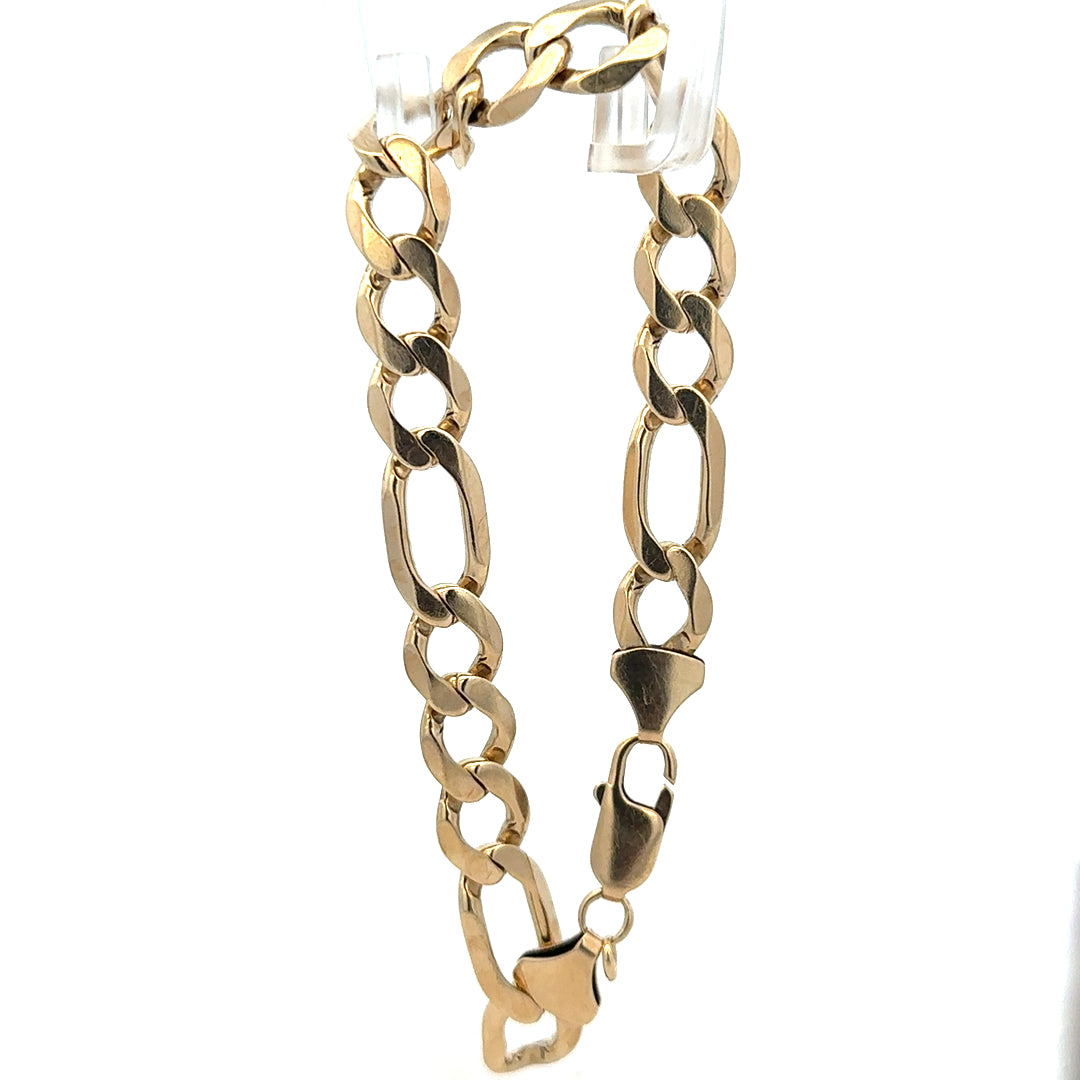 9ct yellow gold Figaro bracelet with a 20.1g weight, showcasing linked chain design and polished finish.