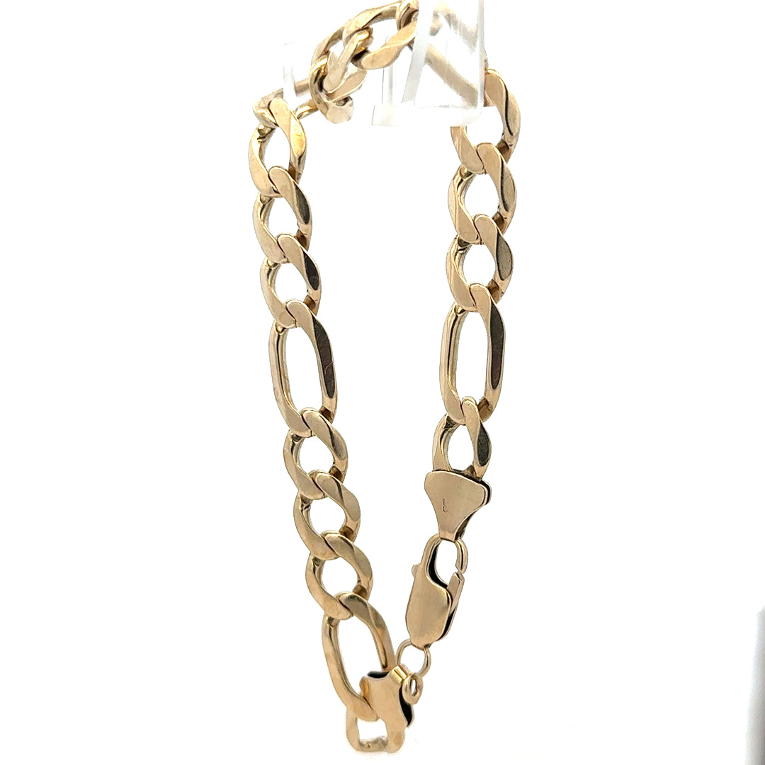 9ct yellow gold figaro bracelet with a 20.1g weight, showcasing linked chain design and polished finish.