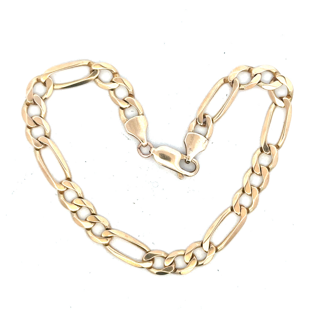 9ct yellow gold figaro bracelet weighing 9 grams, showcasing a stylish chain design with polished links.