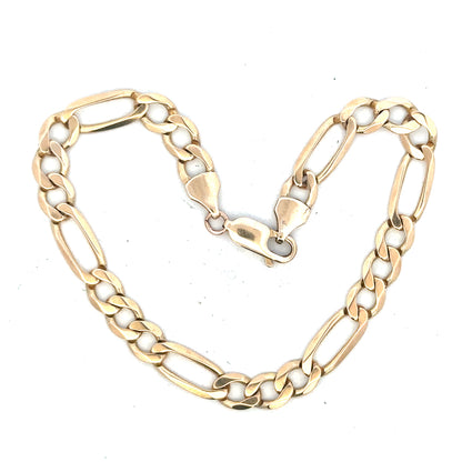 9ct yellow gold figaro bracelet weighing 9 grams, showcasing a stylish chain design with polished links.