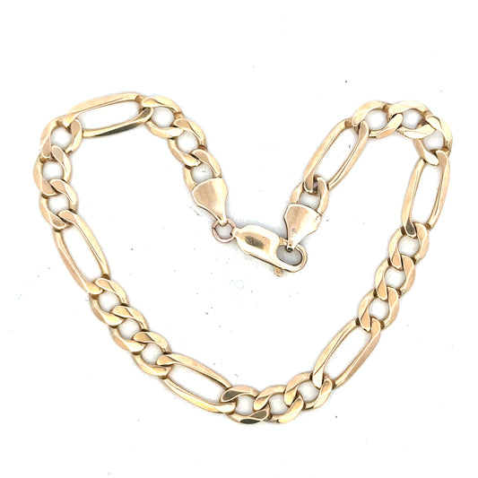 9ct yellow gold figaro bracelet weighing 9 grams, showcasing a stylish chain design with polished links.