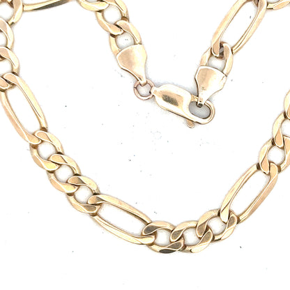 9ct yellow gold figaro bracelet with 9g weight, showcasing the linked chain design and polished finish.