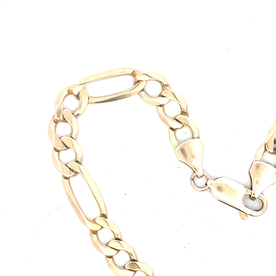 9ct yellow gold figaro bracelet with 9g weight, showcasing polished links and elegant design.