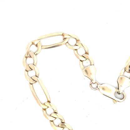 9ct yellow gold figaro bracelet with 9g weight, showcasing polished links and elegant design.