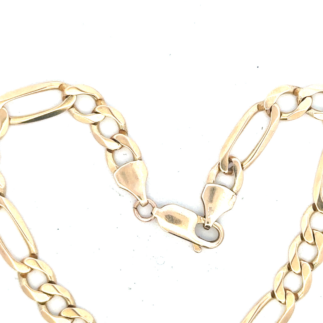 9ct yellow gold figaro bracelet weighing 9g, unbranded, with a classic chain design visible in the image.