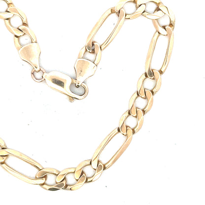 9ct yellow gold figaro bracelet weighing 9g, unbranded, with linked chain design, shown on a neutral background.