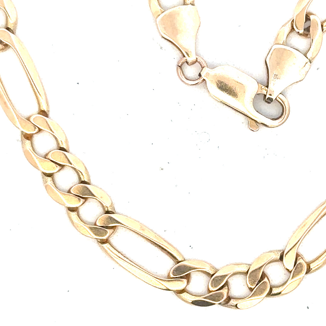 9ct yellow gold figaro bracelet weighing 9 grams, unbranded, with a classic chain link design.