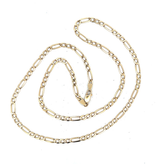 9ct yellow gold Figaro chain weighing 11g, showcasing its linked design and polished finish.
