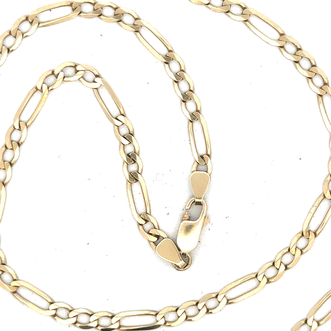 9ct yellow gold Figaro chain weighing 11g, unbranded, with detailed links and polished finish.