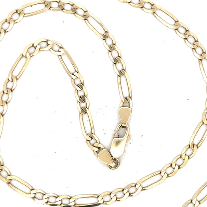 9ct yellow gold Figaro chain weighing 11g, unbranded, with detailed links and polished finish.
