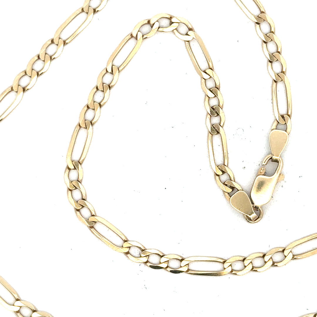 9ct yellow gold figaro chain, unbranded, weighing 11g, showcasing its linked design and polished finish.