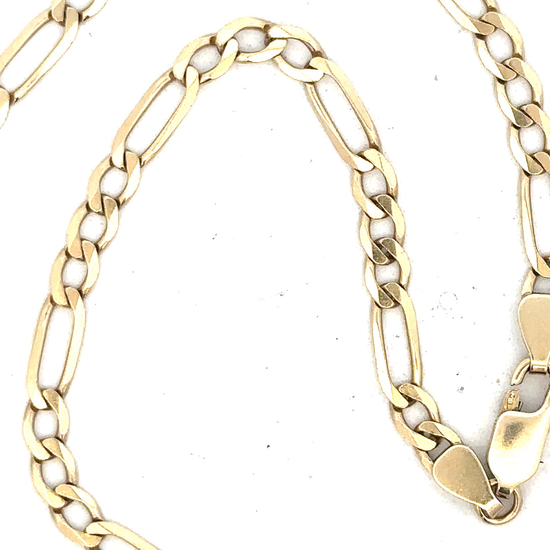 9ct yellow gold figaro chain with 11g weight, featuring classic linked design, unbranded jewelry piece.