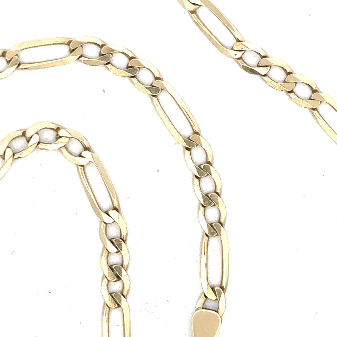 9ct yellow gold Figaro chain weighing 11g, unbranded, with intricate linked design and polished finish.