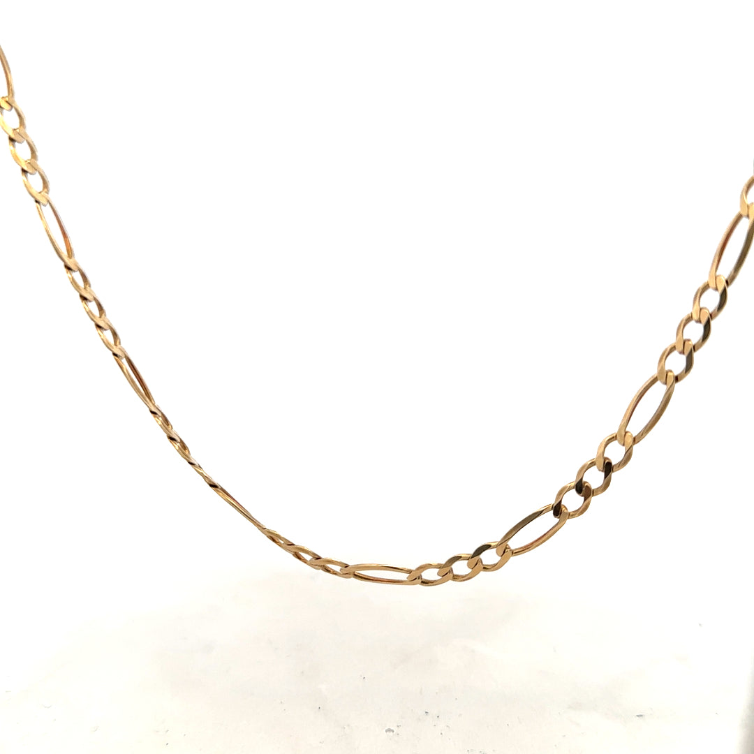9ct yellow gold Figaro chain weighing 12.7g, showcasing its intricate linked design and shiny finish.