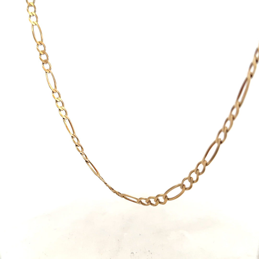 9ct yellow gold figaro chain weighing 12.7g, unbranded jewelry with intricate linked design and polished finish.