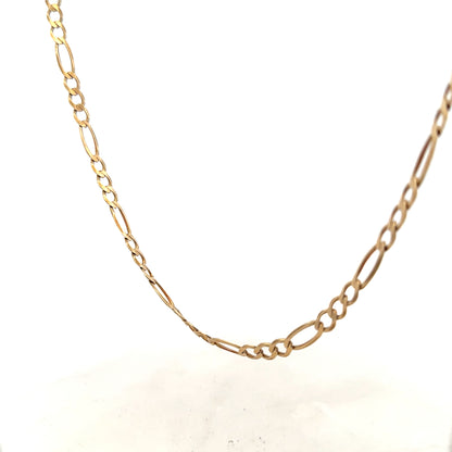 9ct yellow gold figaro chain weighing 12.7g, unbranded jewelry with intricate linked design and polished finish.