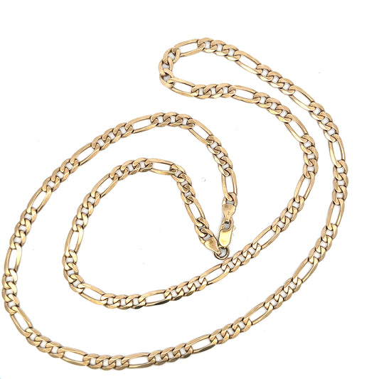 9ct yellow gold Figaro chain with a durable design, weighing 24.8g, featuring linked pattern and polished finish.
