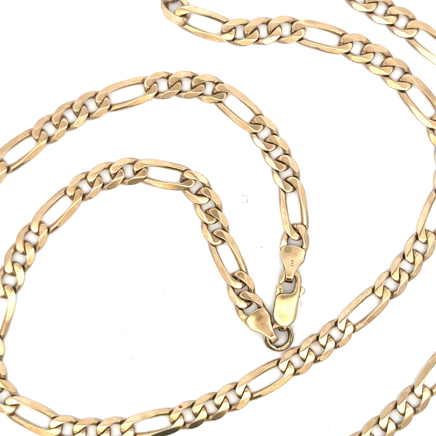 9ct yellow gold figaro chain weighing 24.8g, unbranded jewelry with a distinctive linked design.