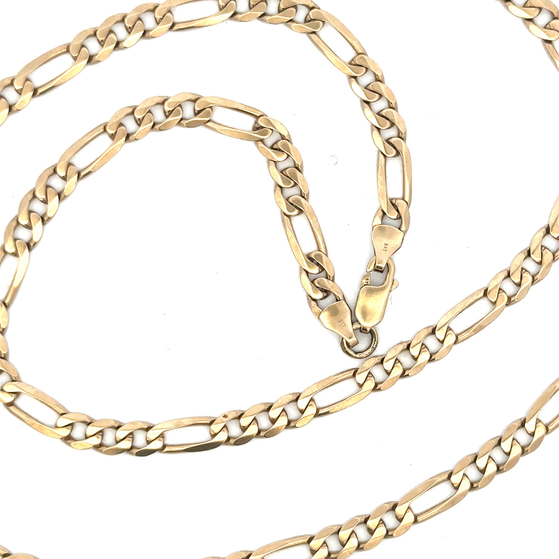 9ct yellow gold figaro chain weighing 24.8g, featuring interlinked oval links, unbranded jewelry accessory.