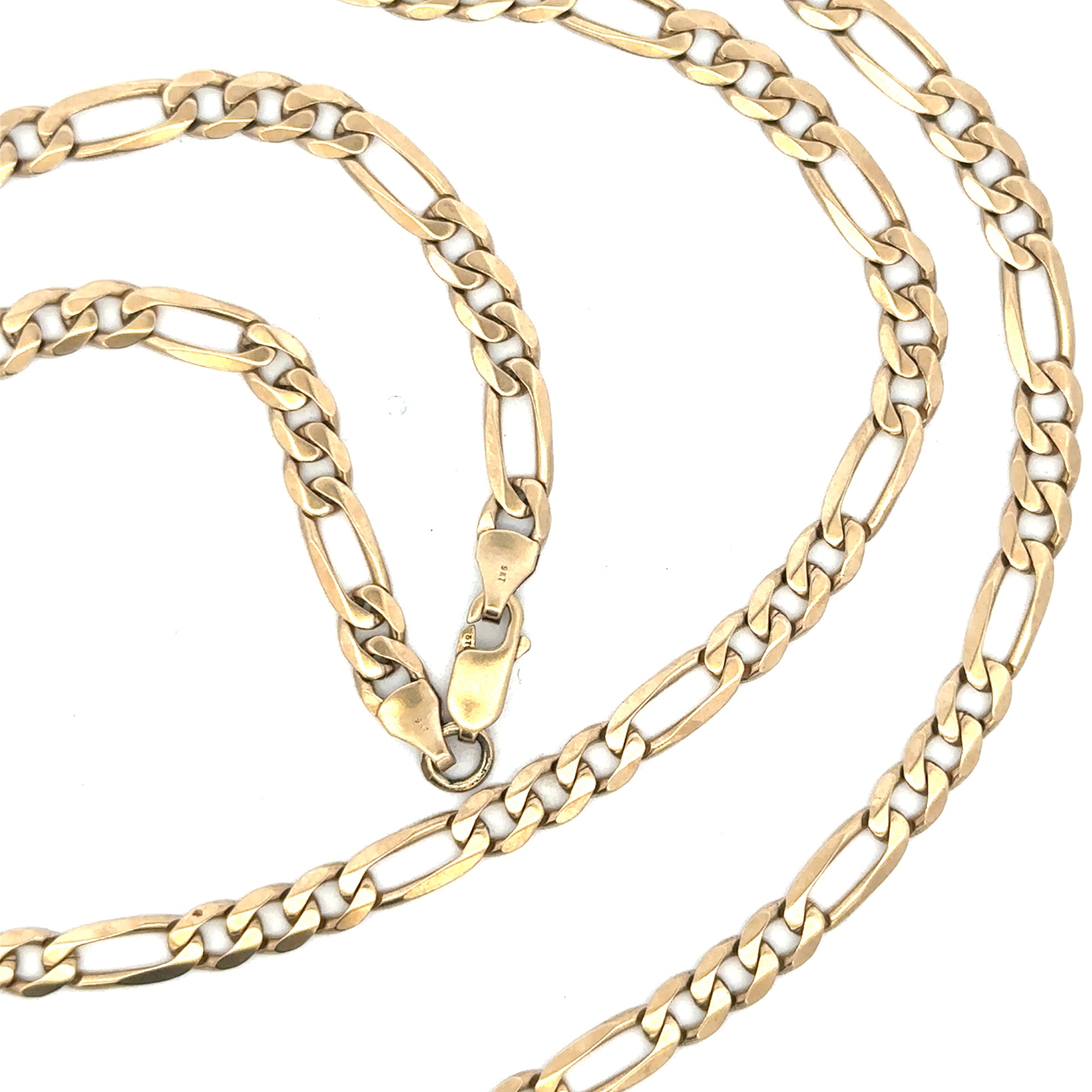9ct yellow gold Figaro chain with a 24.8g weight, unbranded, showing the intricate linked design and shiny finish.