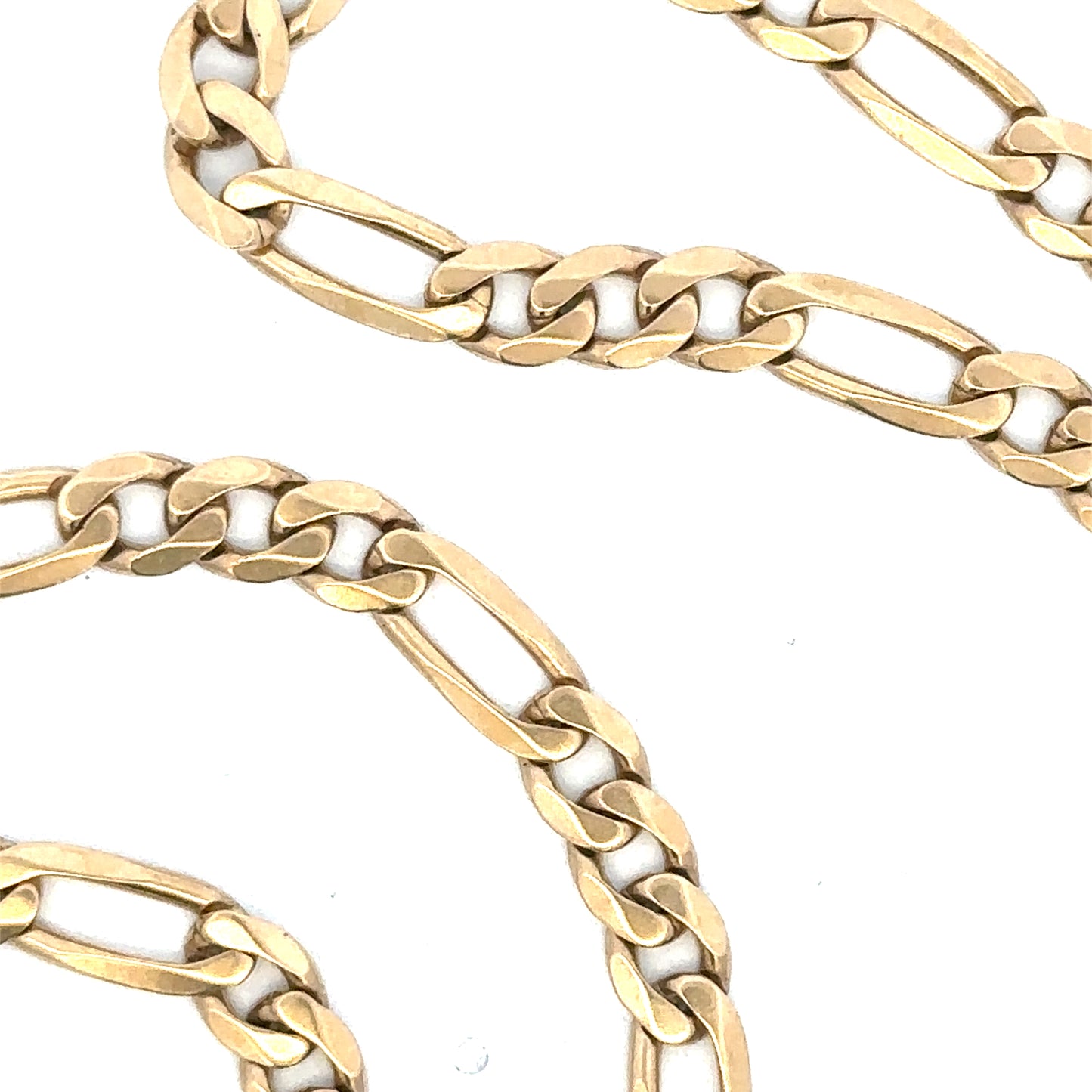 9ct yellow gold Figaro chain weighing 24.8g, unbranded jewelry with intricate links, displayed on a plain background.
