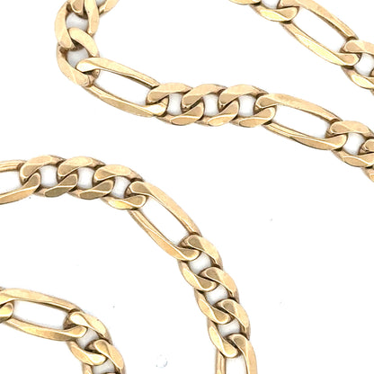9ct yellow gold Figaro chain weighing 24.8g, unbranded jewelry with intricate links, displayed on a plain background.