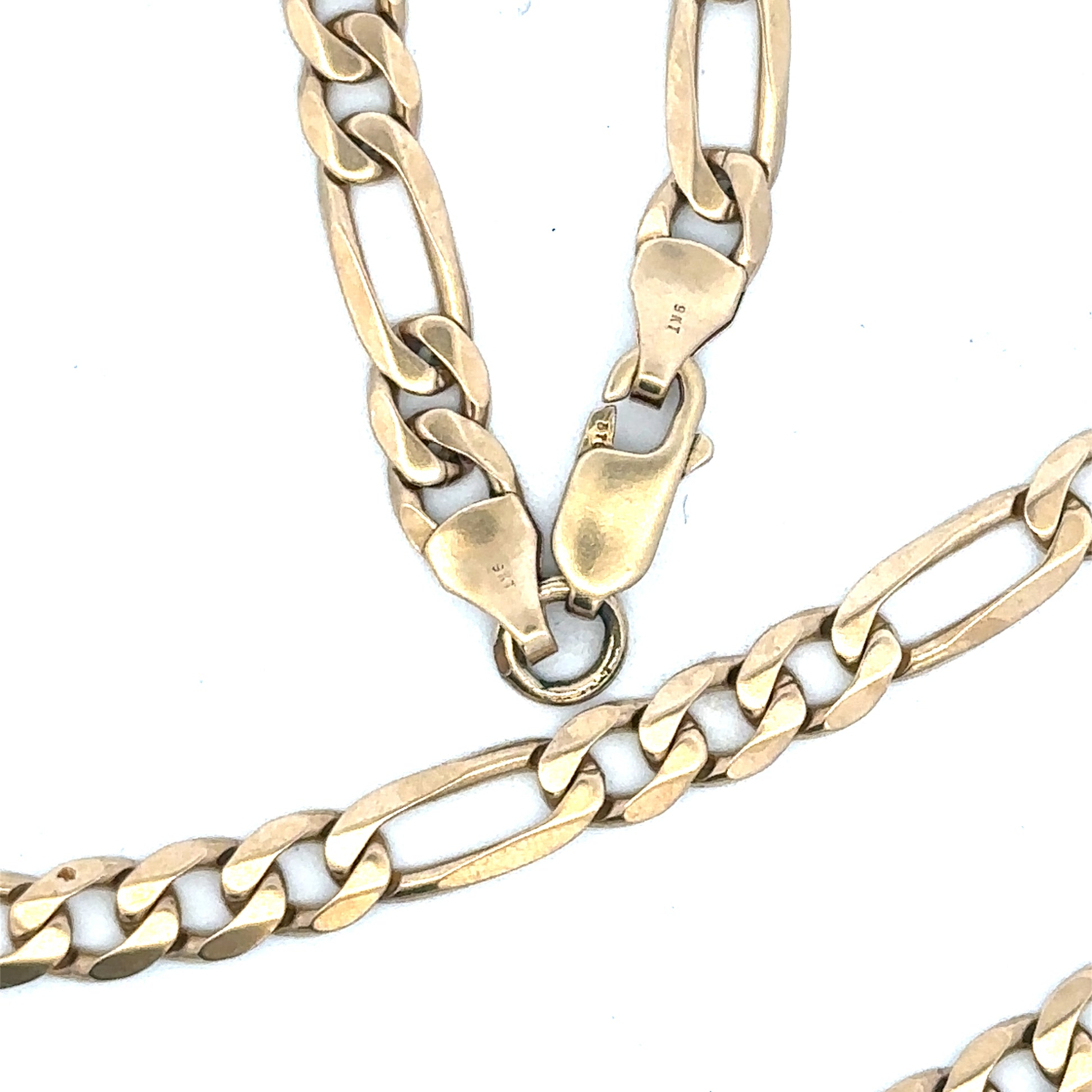 9ct yellow gold Figaro chain with a polished finish, weighing 24.8g, showcasing its intricate linked design.