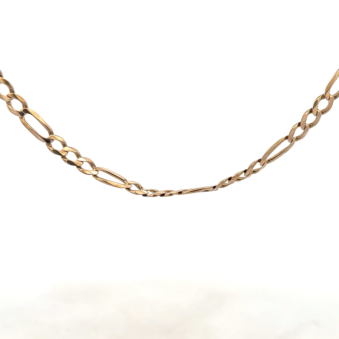 9ct yellow gold figaro chain weighing 25.9g, featuring classic interlinked design, unbranded jewelry accessory.